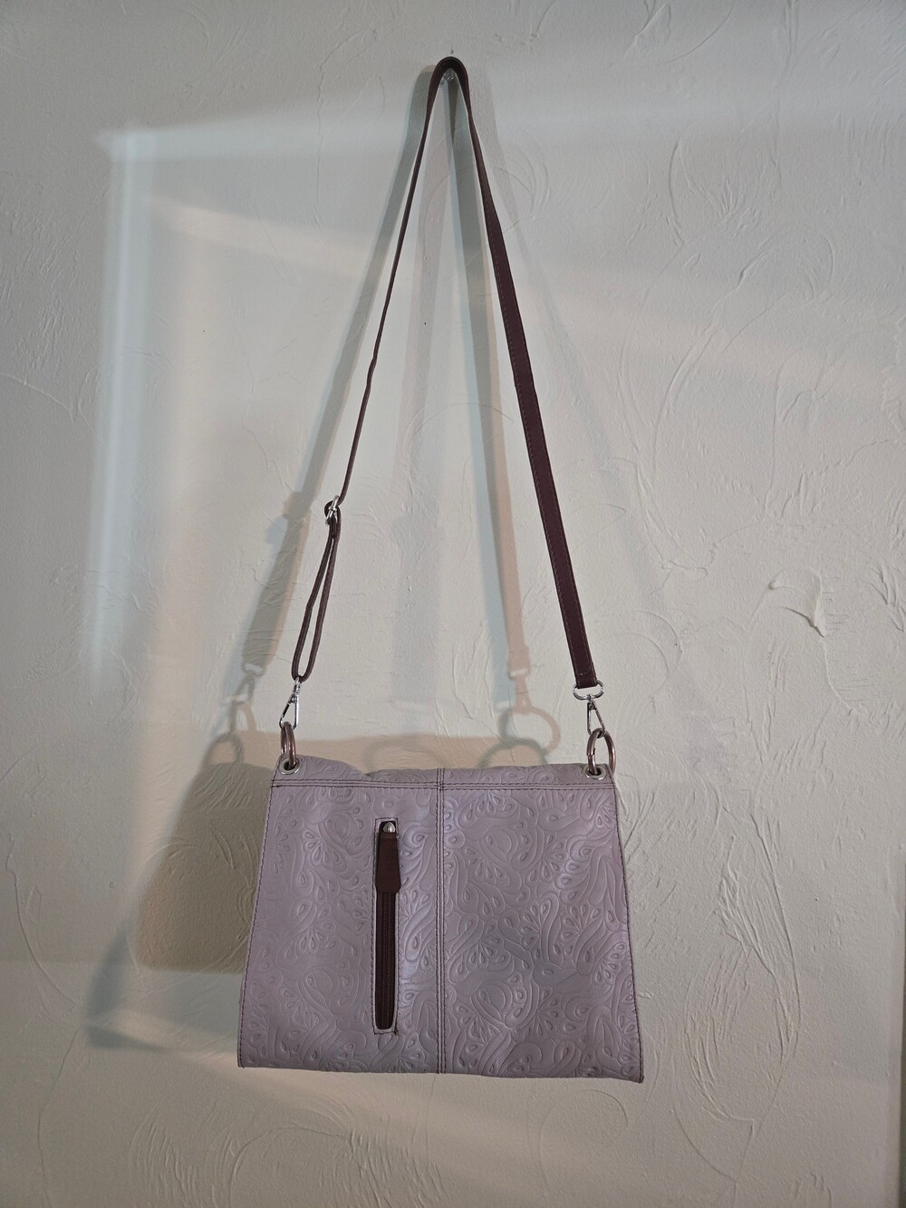 Italian Leather Embossed Crossbody Bag Adjustable Strap Floral Pattern